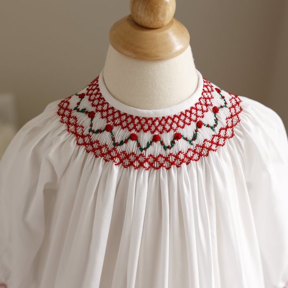 White Smocked Bishop Dress Bailey Boys Red Green Embroidery LIKE NEW PERFECT - Picture 2 of 5